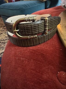 Talbots Dark Brown Croc-Embossed Leather Belt with Gold Buckle